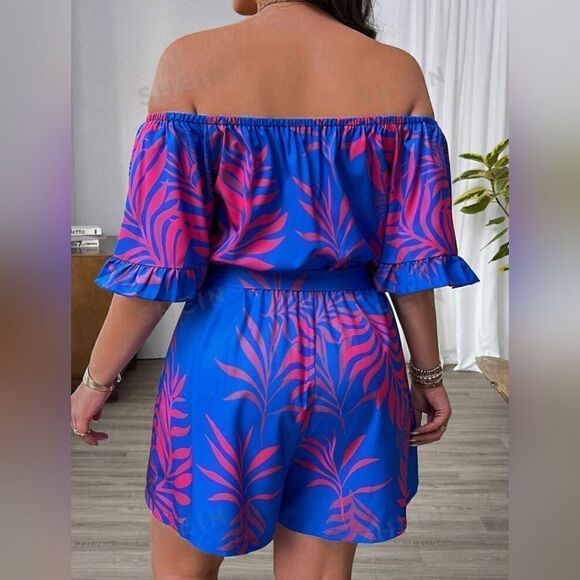 Off The Shoulder Hawaiian Short Romper - Picture 5 of 7
